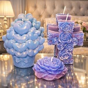 Blue Velvet Rosewood Candle Trio – Rose Cluster, Cross Candle & Floral (Beeswax)